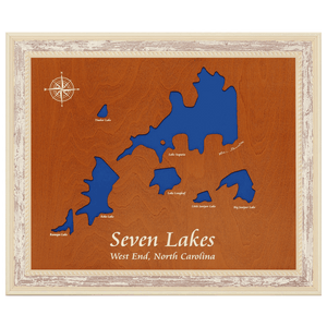 Seven Lakes, West End North Carolina Stained Wood and Distressed White Frame Lake Map Silhouette