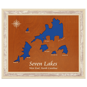 Seven Lakes, West End North Carolina Stained Wood and Distressed White Frame Lake Map Silhouette