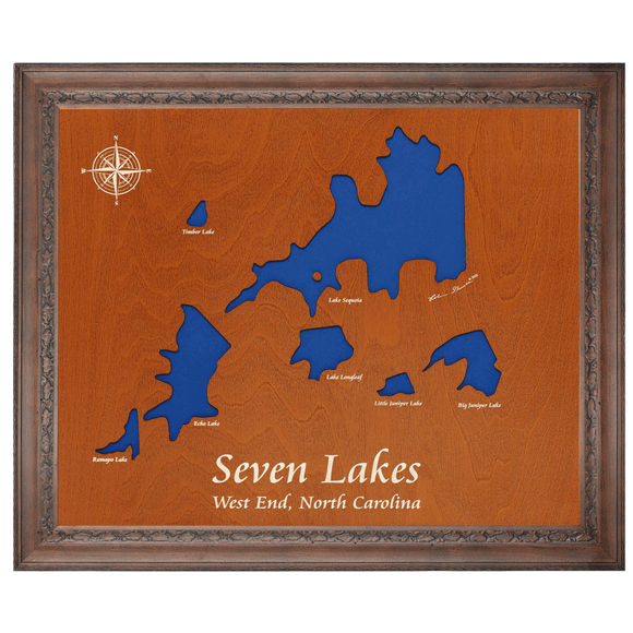 Seven Lakes, West End North Carolina Stained Wood and Dark Walnut Frame Lake Map Silhouette
