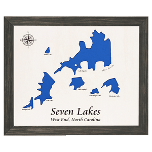 Seven Lakes, West End North Carolina White Washed Wood and Distressed Black Frame Lake Map Silhouette