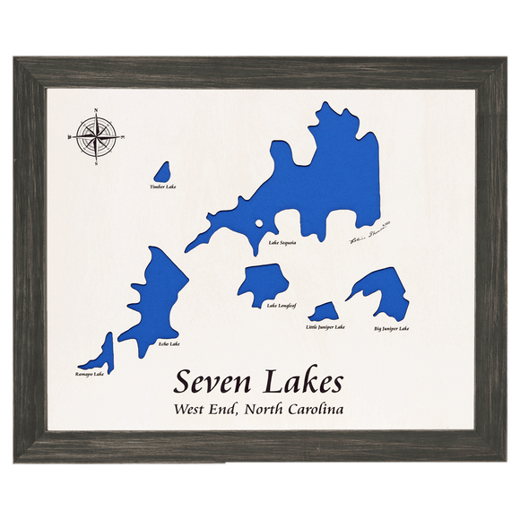 Seven Lakes, West End North Carolina White Washed Wood and Distressed Black Frame Lake Map Silhouette