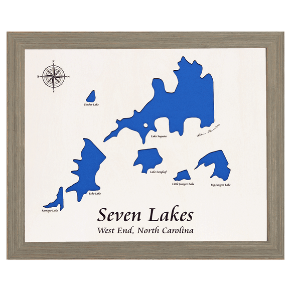 Seven Lakes, West End North Carolina White Washed Wood and Rustic Gray Frame Lake Map Silhouette