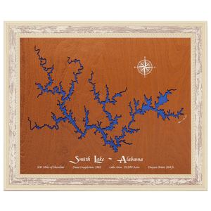 Smith Lake, Alabama Stained Wood and Distressed White Frame Lake Map Silhouette