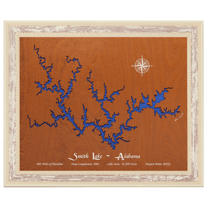 Smith Lake, Alabama Stained Wood and Distressed White Frame Lake Map Silhouette