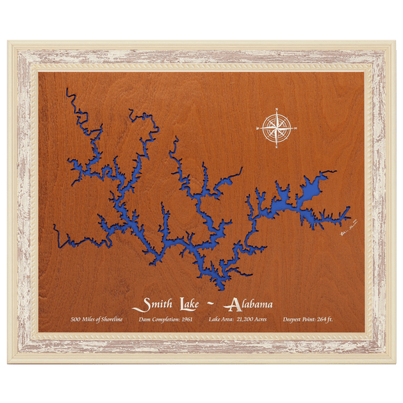 Smith Lake, Alabama Stained Wood and Distressed White Frame Lake Map Silhouette