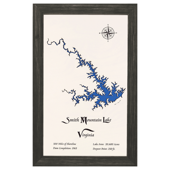 Smith Mountain Lake, Virginia White Washed Wood and Distressed Black Frame Lake Map Silhouette