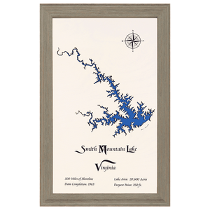 Smith Mountain Lake, Virginia White Washed Wood and Rustic Gray Frame Lake Map Silhouette