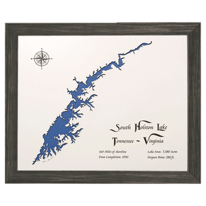 South Holston Lake, Tennessee and Virginia White Washed Wood and Distressed Black Frame Lake Map Silhouette