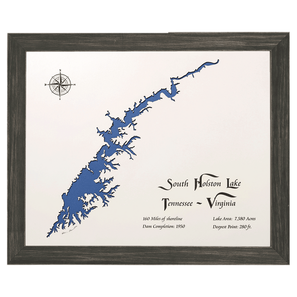 South Holston Lake, Tennessee and Virginia White Washed Wood and Distressed Black Frame Lake Map Silhouette