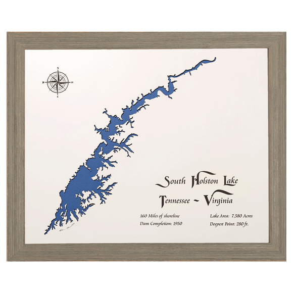 South Holston Lake, Tennessee and Virginia White Washed Wood and Rustic Gray Frame Lake Map Silhouette