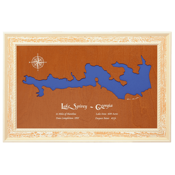Lake Spivey, Georgia Stained Wood and Distressed White Frame Lake Map Silhouette
