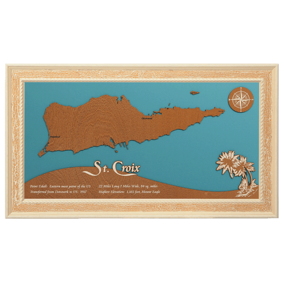 St. Croix, USVI Stained Wood and Distressed White Frame Lake Map Silhouette