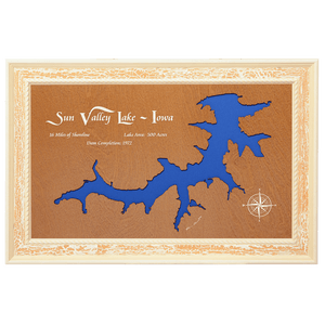 Sun Valley Lake, Iowa Stained Wood and Distressed White Frame Lake Map Silhouette