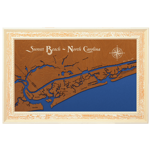 Sunset Beach, North Carolina Stained Wood and Distressed White Frame Lake Map Silhouette