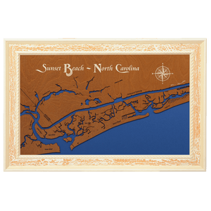 Sunset Beach, North Carolina Stained Wood and Distressed White Frame Lake Map Silhouette