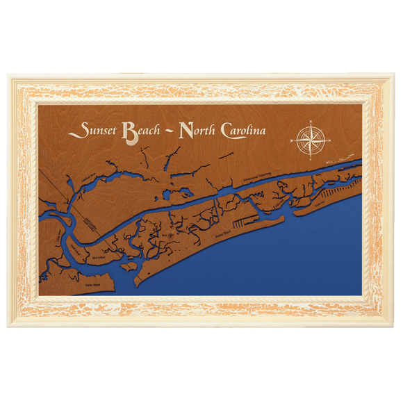 Sunset Beach, North Carolina Stained Wood and Distressed White Frame Lake Map Silhouette