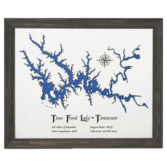 Tims Ford Lake, Tennessee White Washed Wood and Distressed Black Frame Lake Map Silhouette