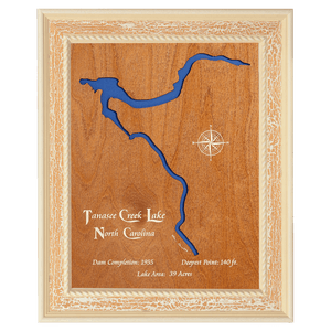 Tanasee Creek Lake, North Carolina Stained Wood and Distressed White Frame Lake Map Silhouette