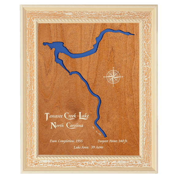 Tanasee Creek Lake, North Carolina Stained Wood and Distressed White Frame Lake Map Silhouette