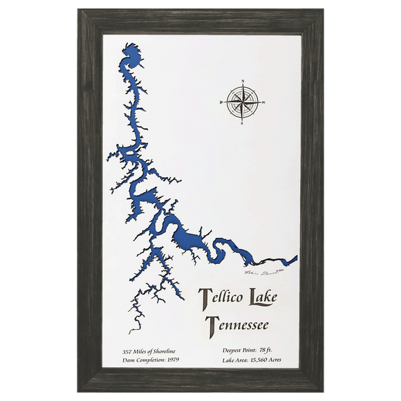 Tellico Lake, Tennessee White Washed Wood and Distressed Black Frame Lake Map Silhouette