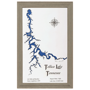 Tellico Lake, Tennessee White Washed Wood and Rustic Gray Frame Lake Map Silhouette