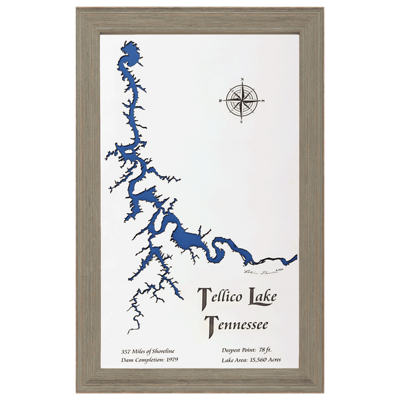 Tellico Lake, Tennessee White Washed Wood and Rustic Gray Frame Lake Map Silhouette