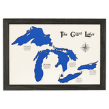 The Great Lakes, New York, Pennsylvania, Ohio, Indiana, Michigan, Illinois, Wisconsin, and Minnesota White Washed Wood and Distressed Black Frame Lake Map Silhouette
