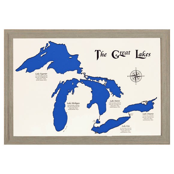The Great Lakes, New York, Pennsylvania, Ohio, Indiana, Michigan, Illinois, Wisconsin, and Minnesota White Washed Wood and Rustic Gray Frame Lake Map Silhouette