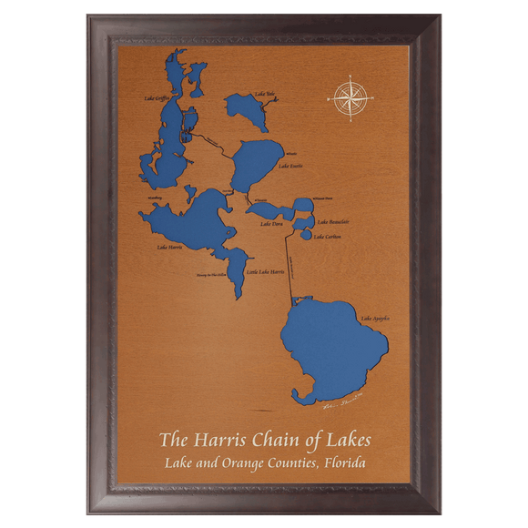 The Harris Chain of Lakes, Florida Stained Wood and Dark Walnut Frame Lake Map Silhouette