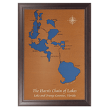 The Harris Chain of Lakes, Florida Stained Wood and Dark Walnut Frame Lake Map Silhouette