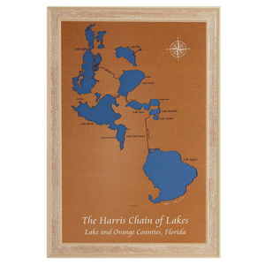 The Harris Chain of Lakes, Florida Stained Wood and Distressed White Frame Lake Map Silhouette