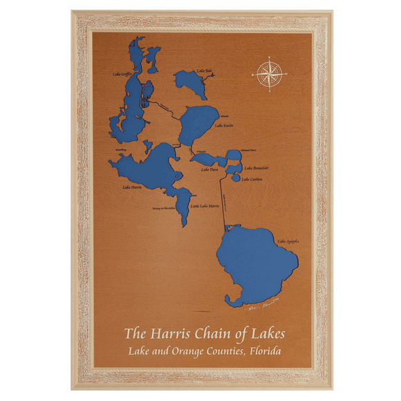The Harris Chain of Lakes, Florida Stained Wood and Distressed White Frame Lake Map Silhouette