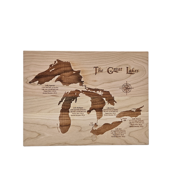 The Great Lakes, New York, Pennsylvania, Ohio, Indiana, Michigan, Illoinis, Wisconsin, and Minnesota Engraved Cherry Cutting Board