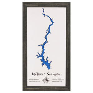Lake Tillery, North Carolina White Washed Wood and Distressed Black Frame Lake Map Silhouette