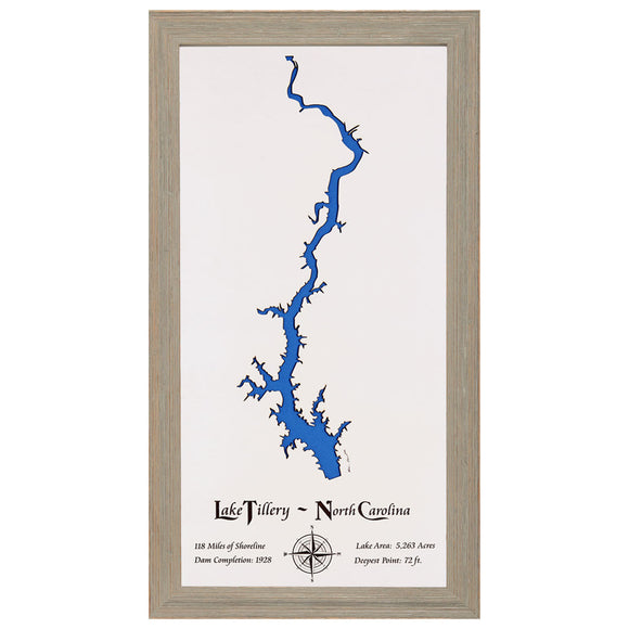 Lake Tillery, North Carolina White Washed Wood and Rustic Gray Frame Lake Map Silhouette