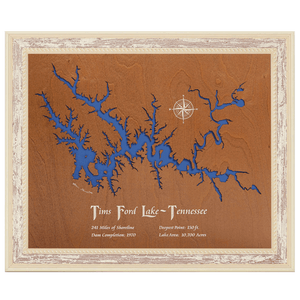 Tims Ford Lake, Tennessee Stained Wood and Distressed White Frame Lake Map Silhouette