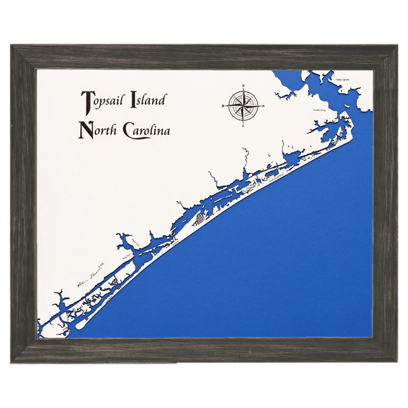 Topsail Island, North Carolina White Washed Wood and Distressed Black Frame Lake Map Silhouette