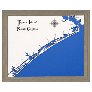 Topsail Island, North Carolina White Washed Wood and Rustic Gray Frame Lake Map Silhouette
