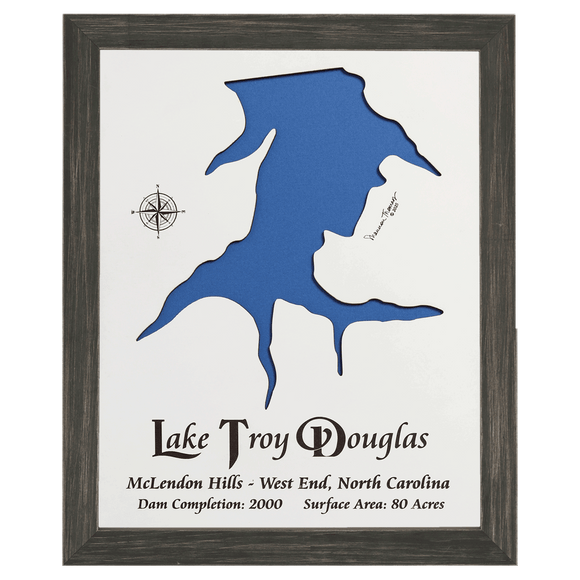 Lake Troy Douglas, North Carolina White Washed Wood and Distressed Black Frame Lake Map Silhouette