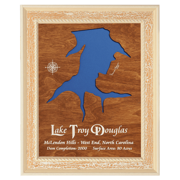 Lake Troy Douglas, North Carolina Stained Wood and Distressed White Frame Lake Map Silhouette