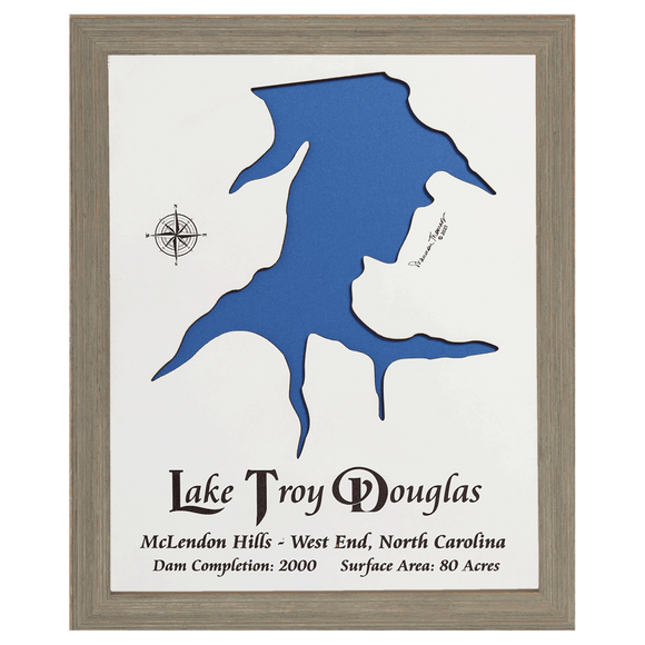 Lake Troy Douglas, North Carolina White Washed Wood and Rustic Gray Frame Lake Map Silhouette