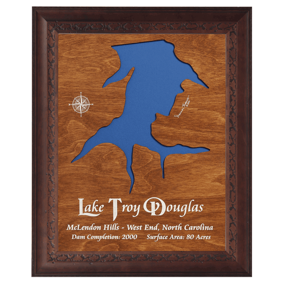 Lake Troy Douglas, North Carolina Stained Wood and Dark Walnut Frame Lake Map Silhouette