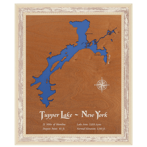 Tupper Lake, New York Stained Wood and Distressed White Frame Lake Map Silhouette