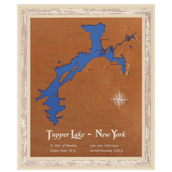 Tupper Lake, New York Stained Wood and Distressed White Frame Lake Map Silhouette