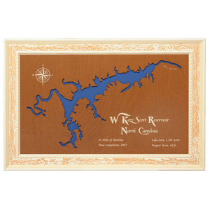 W. Kerr Scott Reservoir, North Carolina Stained Wood and Distressed White Frame Lake Map Silhouette