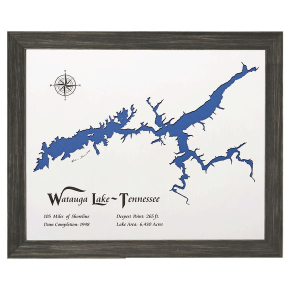Watauga Lake, Tennessee White Washed Wood and Distressed Black Frame Lake Map Silhouette
