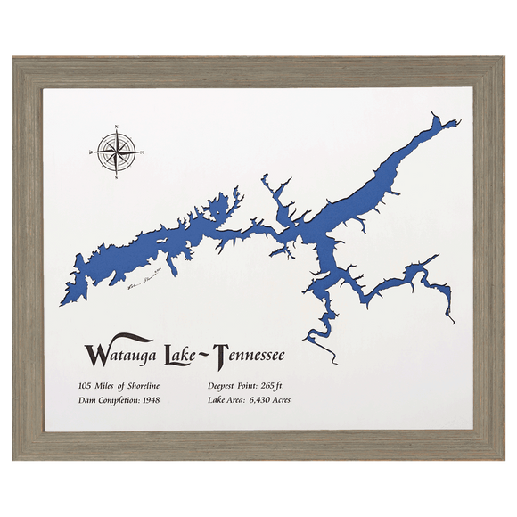 Watauga Lake, Tennessee White Washed Wood and Rustic Gray Frame Lake Map Silhouette