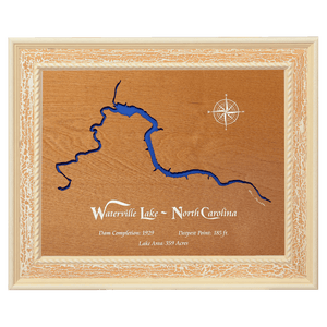 Waterville Lake, North Carolina Stained Wood and Distressed White Frame Lake Map Silhouette