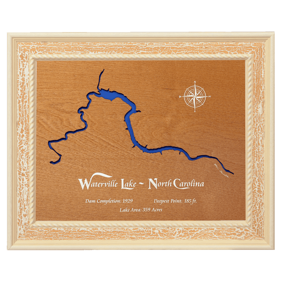 Waterville Lake, North Carolina Stained Wood and Distressed White Frame Lake Map Silhouette