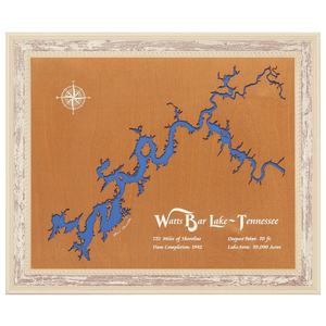 Watts Bar Lake, Tennessee Stained Wood and Distressed White Frame Lake Map Silhouette